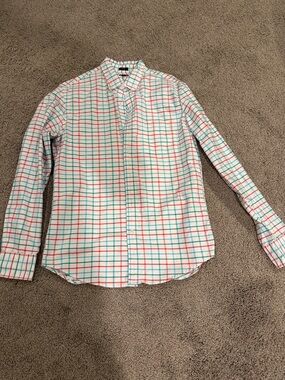 J. Crew White Button-Down Shirt with Red and Teal Plaid
